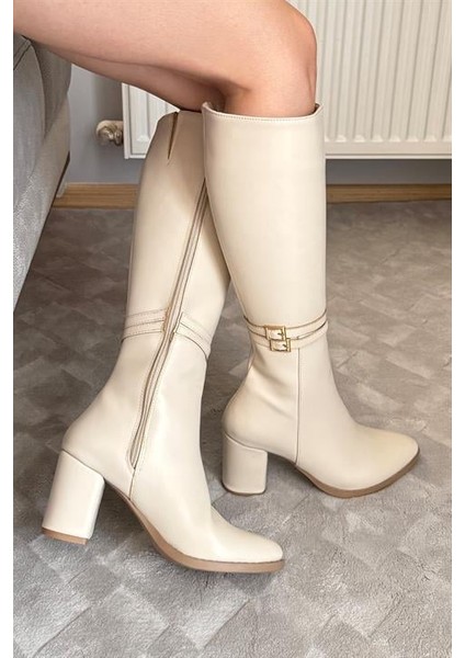 Kadın Krem Tokalı Yandan Fermuarlı Diz Altı Cizme indirimleri