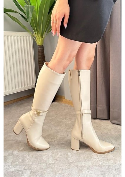 Kadın Krem Tek Tokalı Yandan Fermuarlı Diz Altı Cizme fiyatları