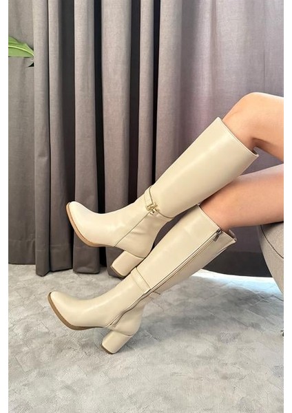 Kadın Krem Tek Tokalı Yandan Fermuarlı Diz Altı Cizme indirimleri