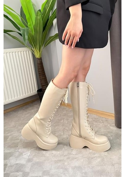 Kadın Bej Cilt Bağcık Detaylı Fermuarlı 9 cm Topuklu Platfomlu Çizme