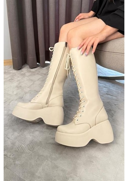 Kadın Bej Cilt Bağcık Detaylı Fermuarlı 9 cm Topuklu Platfomlu Çizme fiyatları