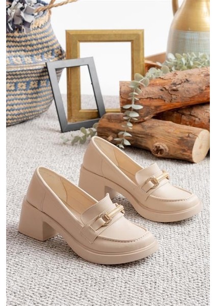 Kadın Krem Cilt Oka Detaylı 6 cm Topuklu Lofer Ayakkabı indirimleri