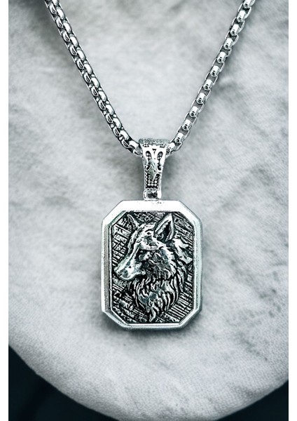 Gümüş Kaplama Krom-Çelik K-108 Erkek Kolyesi Bozkurt Türk Madalyon