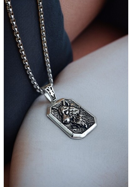 Gümüş Kaplama Krom-Çelik K-108 Erkek Kolyesi Bozkurt Türk Madalyon