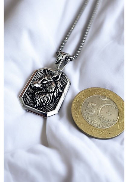 Gümüş Kaplama Krom-Çelik K-108 Erkek Kolyesi Bozkurt Türk Madalyon