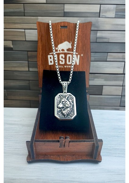 Gümüş Kaplama Krom-Çelik K-108 Erkek Kolyesi Bozkurt Türk Madalyon