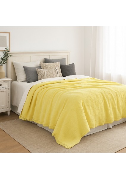 Müslin Tek Kişilik 4 Katlı %100 Pamuk Limon Sarısı Renk Yatak Örtüsü 160X230 Cm.
