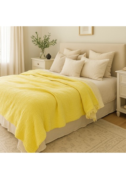 Müslin Tek Kişilik 4 Katlı %100 Pamuk Limon Sarısı Renk Yatak Örtüsü 160X230 Cm.