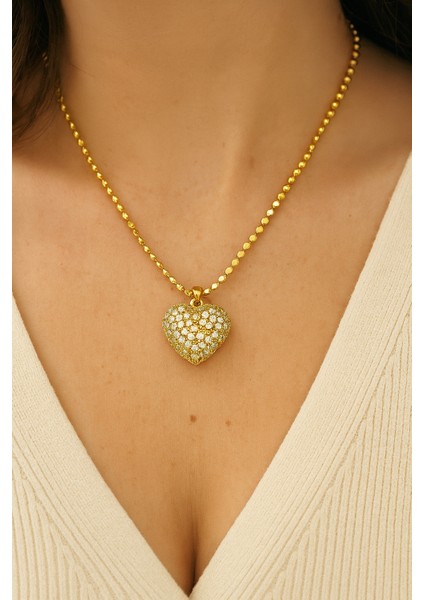 Zirkon Taşlı Altın Kaplama Kalp Figürlü Kolye
