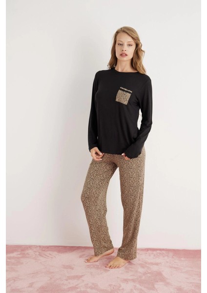 Kadın Ring Viskon Kumaş Leopar Desenli Siyah Pijama Takımı - 9580