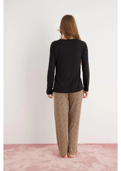 Kadın Ring Viskon Kumaş Leopar Desenli Siyah Pijama Takımı - 9580 fiyatları