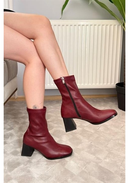 Kadın Bordo Bot 7 cm Kalın Topuklu Streç Boots modelleri