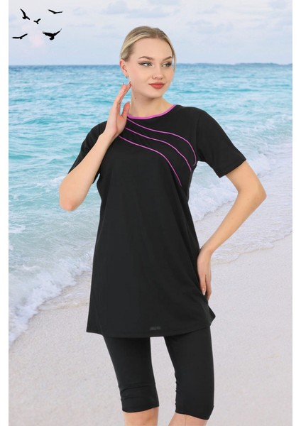 Biyeli Kısa Kollu Likralı Siyah Yarı Kapalı Tesettür Mayo Takım