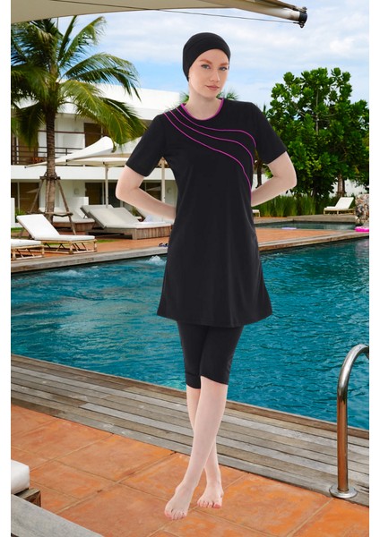 Biyeli Kısa Kollu Likralı Siyah Yarı Kapalı Tesettür Mayo Takım fiyatları