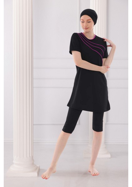 Biyeli Kısa Kollu Likralı Siyah Yarı Kapalı Tesettür Mayo Takım modelleri