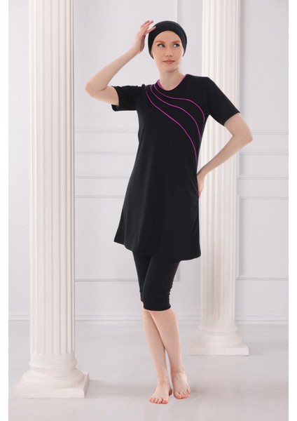 Biyeli Kısa Kollu Likralı Siyah Yarı Kapalı Tesettür Mayo Takım fırsatları