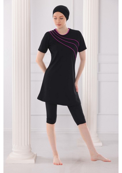 Biyeli Kısa Kollu Likralı Siyah Yarı Kapalı Tesettür Mayo Takım indirimleri