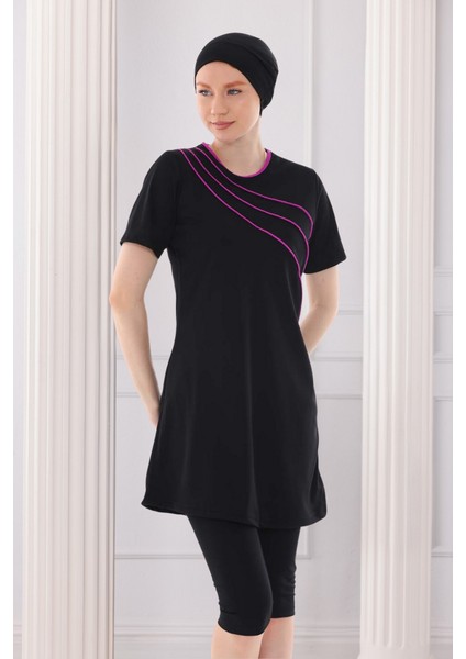 Biyeli Kısa Kollu Likralı Siyah Yarı Kapalı Tesettür Mayo Takım