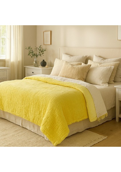Müslin Yatak Örtüsü %100 Pamuk 4 Katlı Limon Sarısı Çift Kişilik 240X230 Cm.