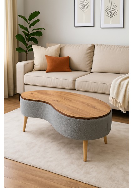 Vera Doğal Formlu Orta Sehpa, Teddy Kumaş Kaplamalı Ahşap Ayaklı Orta Sehpa, Çam Yüzey