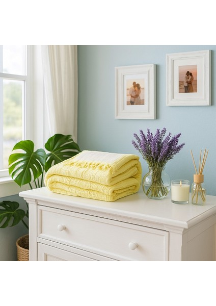 Müslin Yatak Örtüsü %100 Pamuk 4 Katlı Limon Sarısı Çift Kişilik 240X230 Cm.