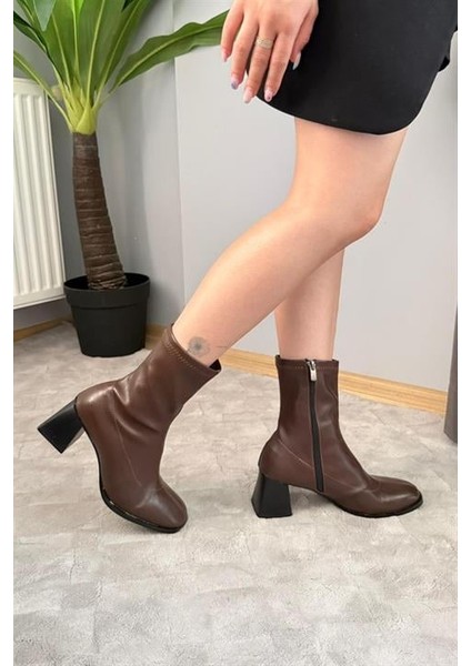 Kadın Kahverengi Bot 7 cm Kalın Topuklu Streç Boots fiyatları