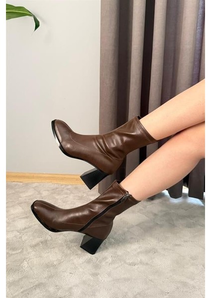 Kadın Kahverengi Bot 7 cm Kalın Topuklu Streç Boots modelleri