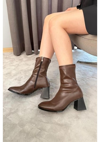 Kadın Kahverengi Bot 7 cm Kalın Topuklu Streç Boots fırsatları