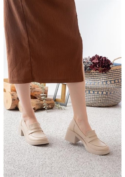 Kadın Krem Cilt 6 cm Topuklu Lofer Ayakkabı fiyatları