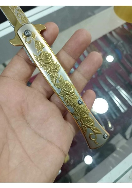 Kamp Çakısı Gül Desenli Gold Çakı Kemer Klipsli