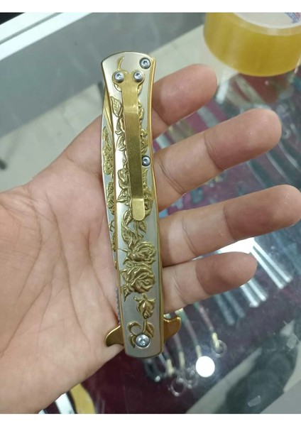 Kamp Çakısı Gül Desenli Gold Çakı Kemer Klipsli