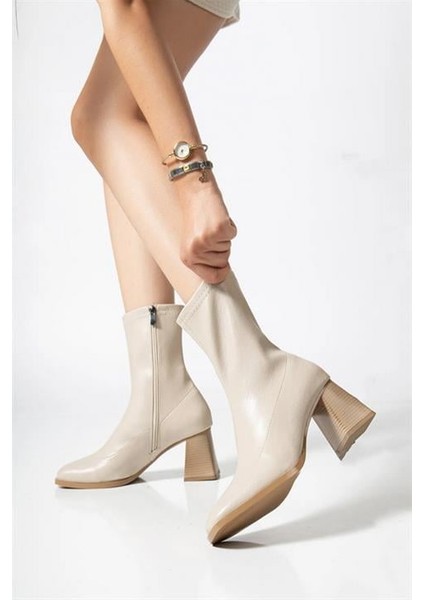 Kadın Marina Krem Bot 7 cm Kalın Topuklu Streç Boots modelleri