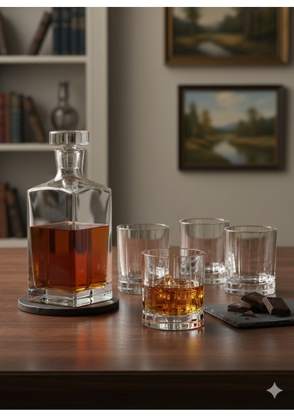 Prisma Viski Şişesi (800CC) ve 4 Adet Nudeglass Wayne Viski Bardağı (250CC) Seti