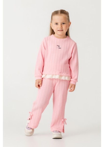 Kız Çocuk Pamuklu Pembe Fisto Detaylı Sweatshirt Eşofman Takım - Konforlu Günlük Giyim