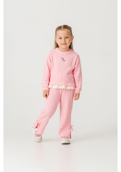 Kız Çocuk Pamuklu Pembe Fisto Detaylı Sweatshirt Eşofman Takım - Konforlu Günlük Giyim modelleri