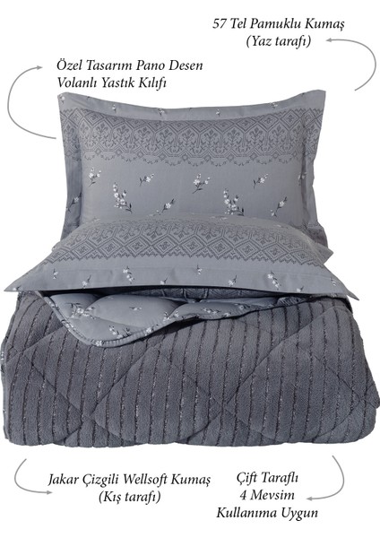 King Size (Battal Boy) Striped Jakarlı Wellsoft Yorgan + 2 Volanlı Yastık Kılıfı fiyatları