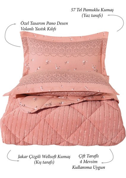 King Size (Battal Boy) Striped Jakarlı Wellsoft Yorgan + 2 Volanlı Yastık Kılıfı fiyatları