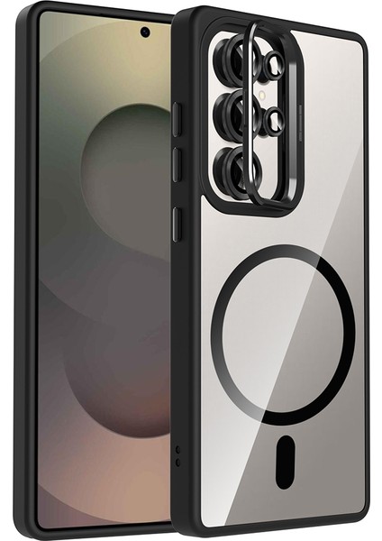 Galaxy S25 Ultra Kılıf Standlı ve Kamera Lens Hediyeli M-Safe Şarj Özellikli Iksp Etro Kapak - Siyah