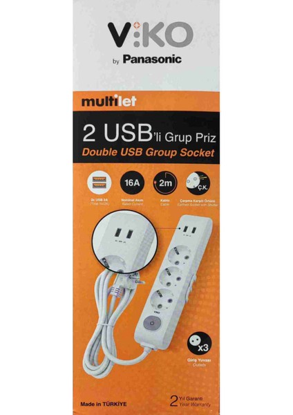 Üçlü 2 Usb'li Topraklı Kablolu Çocuk Korumalı 2 Metre (5V 2A) fiyatları
