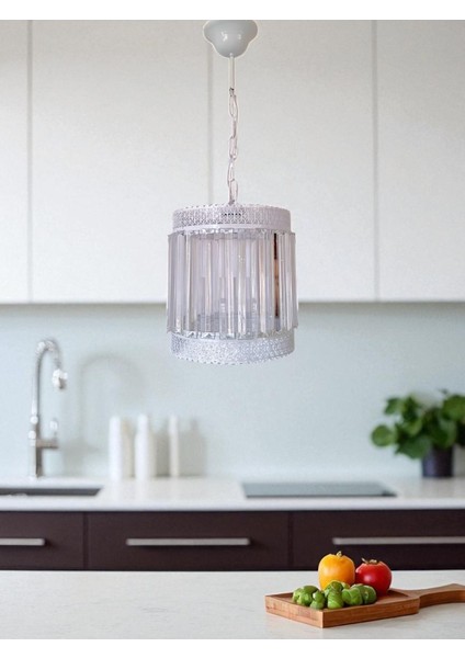 Luna Tekli Avize – Beyaz Metal, Tabut Kristal Taşlı Modern Avize | E27 Uyumlu, Yerli Üretim