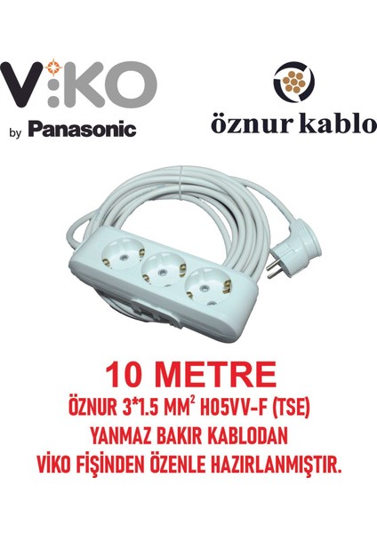 3lü 10 Metre Öznur Kablo 3*1,5 Bakır Kablodan Yanmaz Kaliteli Uzun Ömürlü