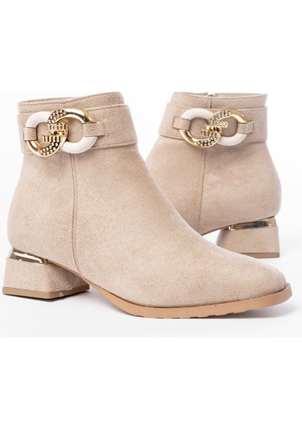 Bej Süet Toka Aksesuarlı Topuklu Fermuarlı Günlük Kadın Bot modelleri