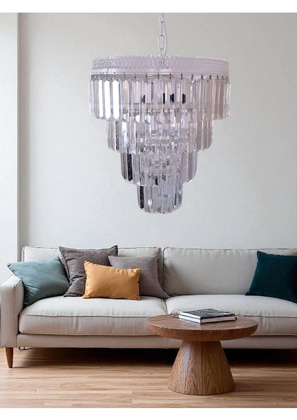 Alvina 3’lü Avize – Beyaz Metal, 4 Katlı Tabut Kristal Taşlı Lüks Avize | E27 Uyumlu, Yerli Üretim