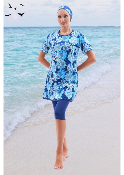 Lacivert Desenli Kısa Kollu Likralı Yarı Kapalı Kadın Tesettür Mayo Takım