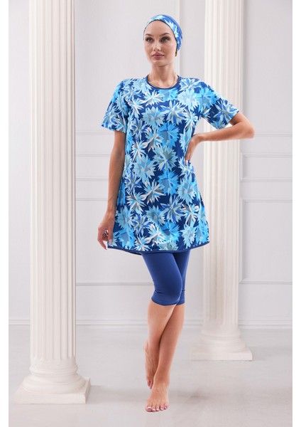 Lacivert Desenli Kısa Kollu Likralı Yarı Kapalı Kadın Tesettür Mayo Takım modelleri