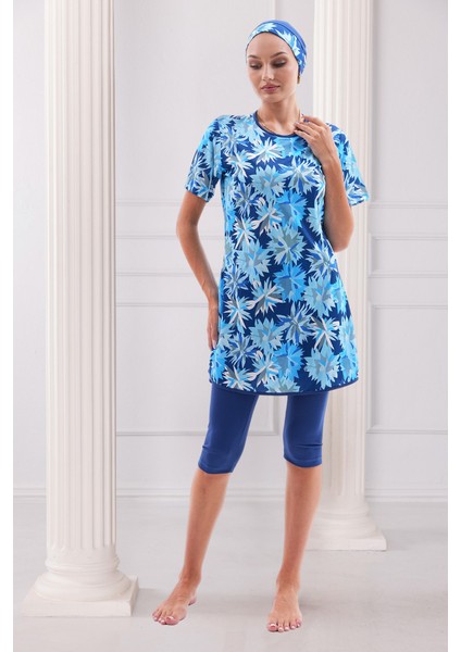 Lacivert Desenli Kısa Kollu Likralı Yarı Kapalı Kadın Tesettür Mayo Takım indirimleri