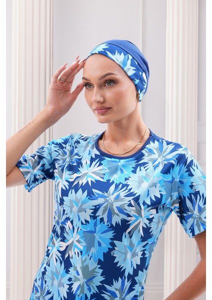 Lacivert Desenli Kısa Kollu Likralı Yarı Kapalı Kadın Tesettür Mayo Takım