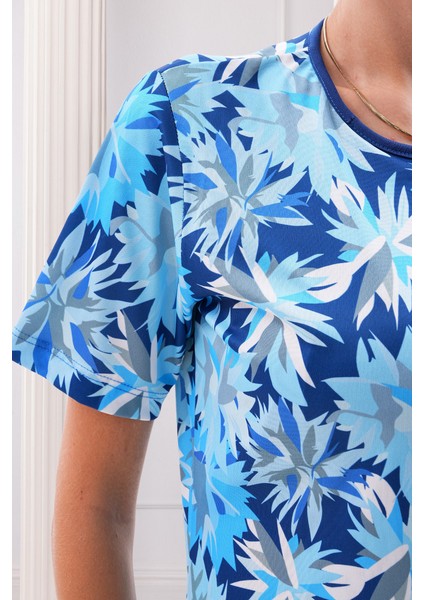 Lacivert Desenli Kısa Kollu Likralı Yarı Kapalı Kadın Tesettür Mayo Takım