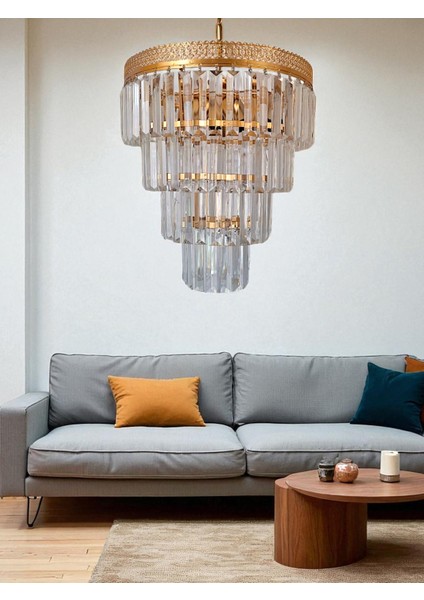 Alvina 3’lü Avize – Gold Metal, 4 Katlı Tabut Kristal Taşlı Lüks Avize | E27 Uyumlu, Yerli Üretim