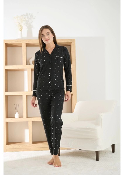 Kadın Petek Kumaş Önü Düğmeli Siyah Pijama Takımı - 8950